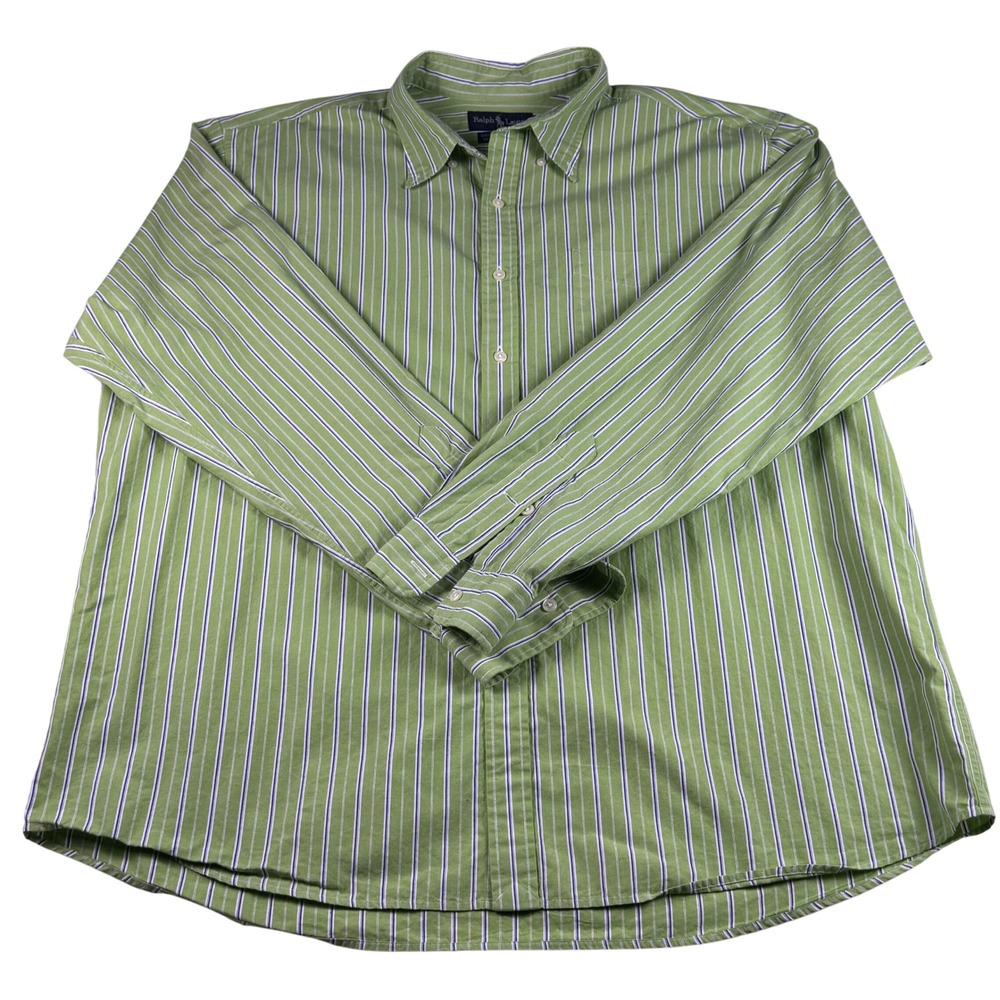 Ralph Lauren Vintage Buttondown Striped Shirt‎ Mens XL Green Two-Ply Cotton